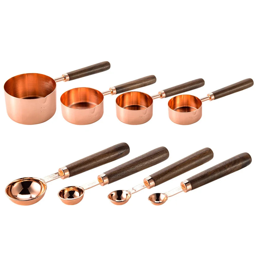 Colher De Medição De Aço Inoxidável Com Cabo De Madeira, Ferramentas De Cozimento, Copo De Medição, 8Pcs