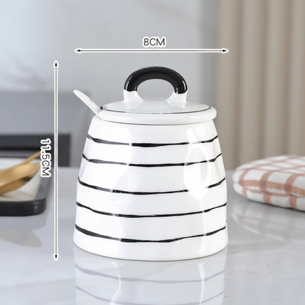 Kit Porta Temperos em Cerâmica Europeia Listrado Preto e Branco