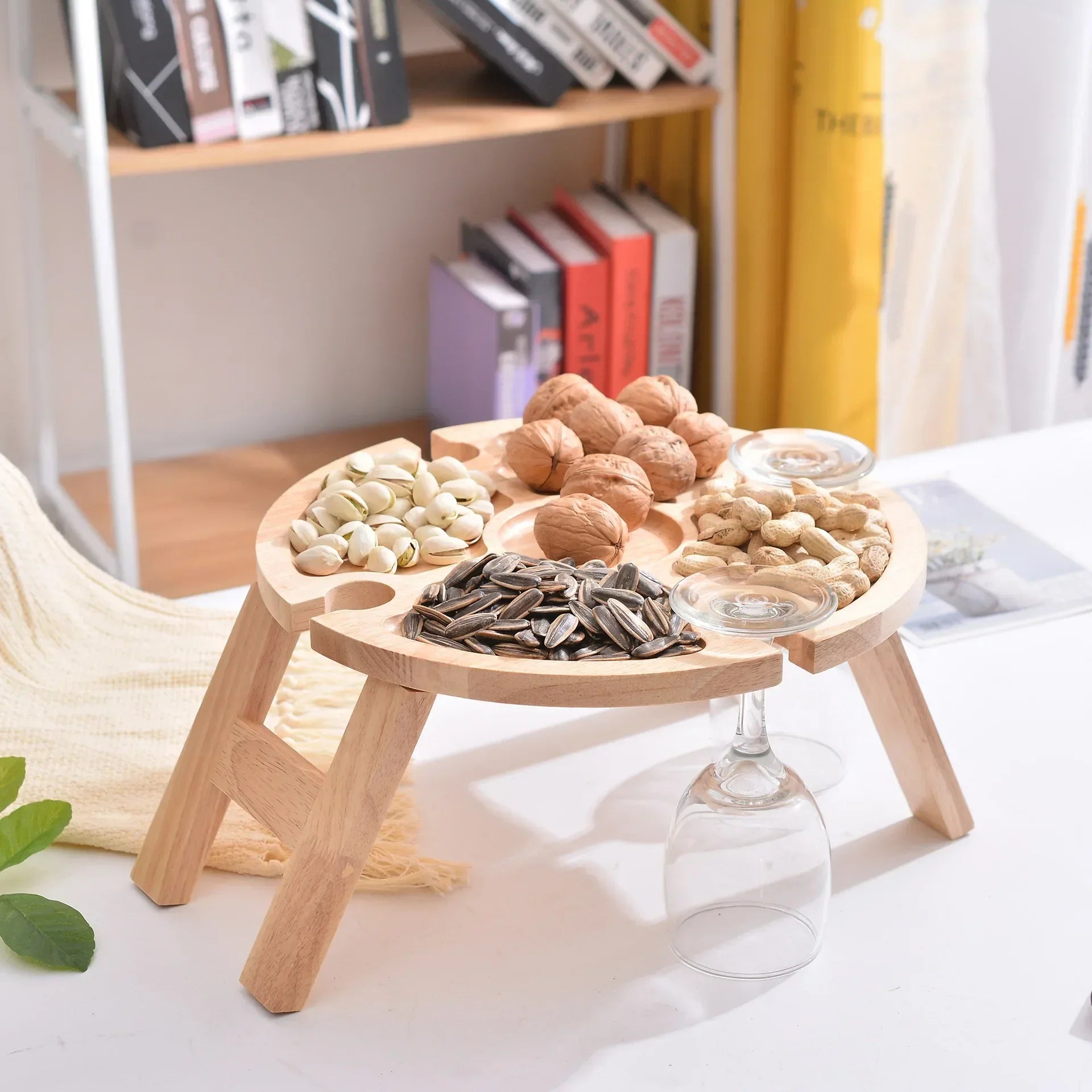 Mesa Dobrável de Madeira com Suporte para Taças