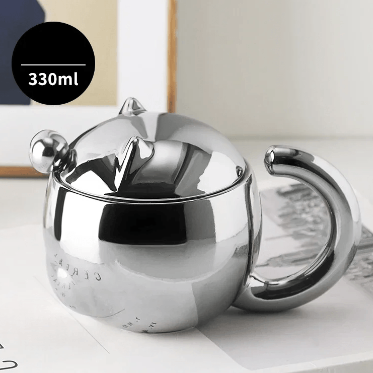 Caneca de Cerâmica com Tampa e Colher 330ml - Dourada e Prateada