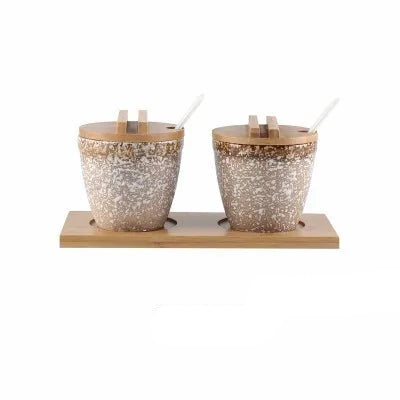 Conjunto de Potes de Cerâmica para Temperos com Tampa de Bambu