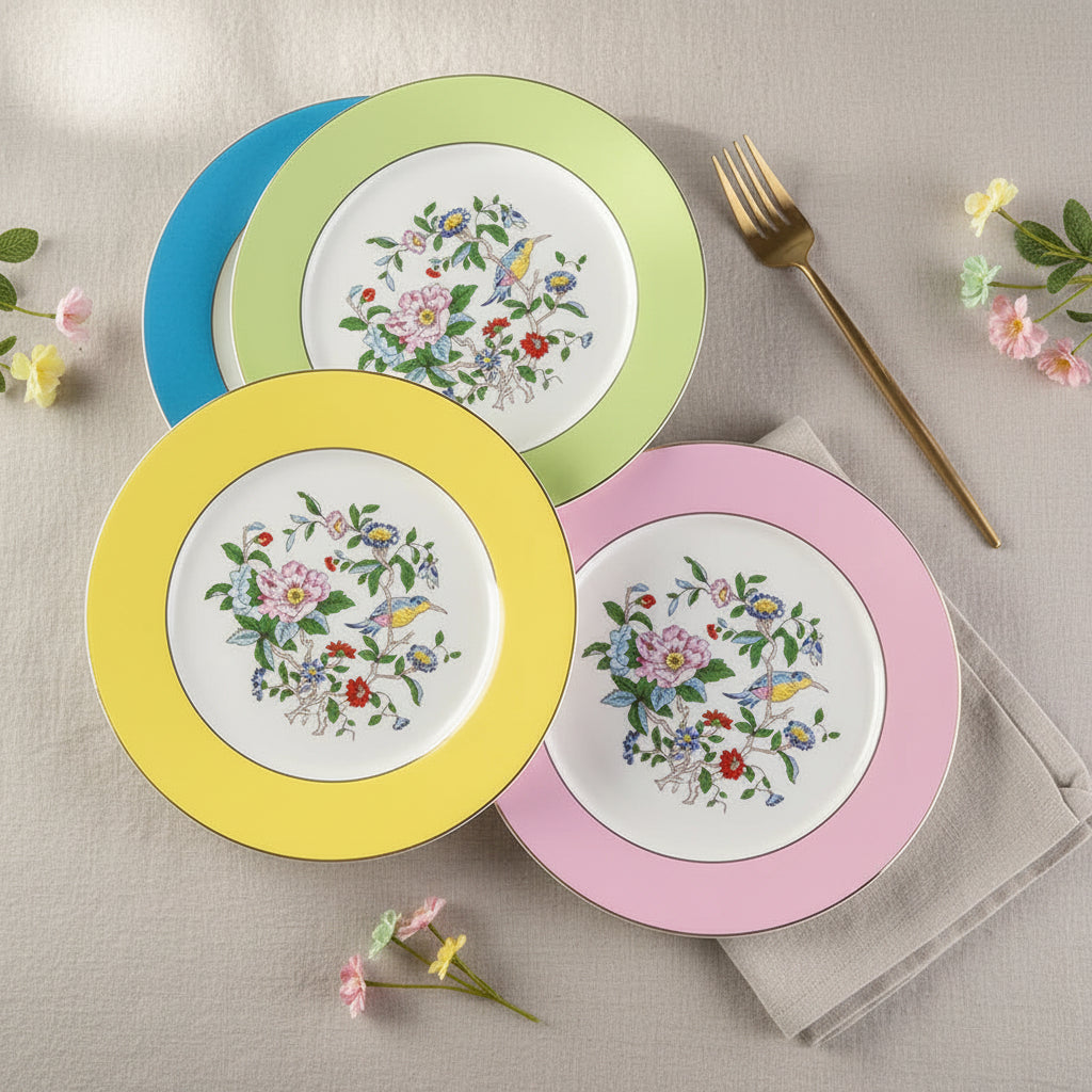 Prato Decorativo de Porcelana Europeia com Flores e Pássaros para Salada e Refeições