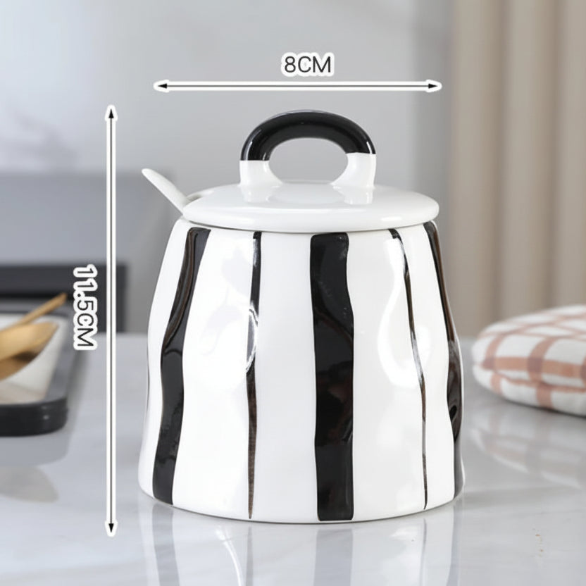 Kit Porta Temperos em Cerâmica Europeia Listrado Preto e Branco