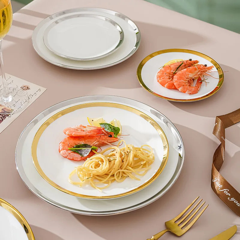 Prato de Porcelana Redondo com Borda Dourada Estilo Europeu