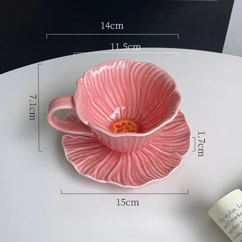 Conjunto de Xícara de Chá Cerâmica Pétala de Flor com Pires - 300ml