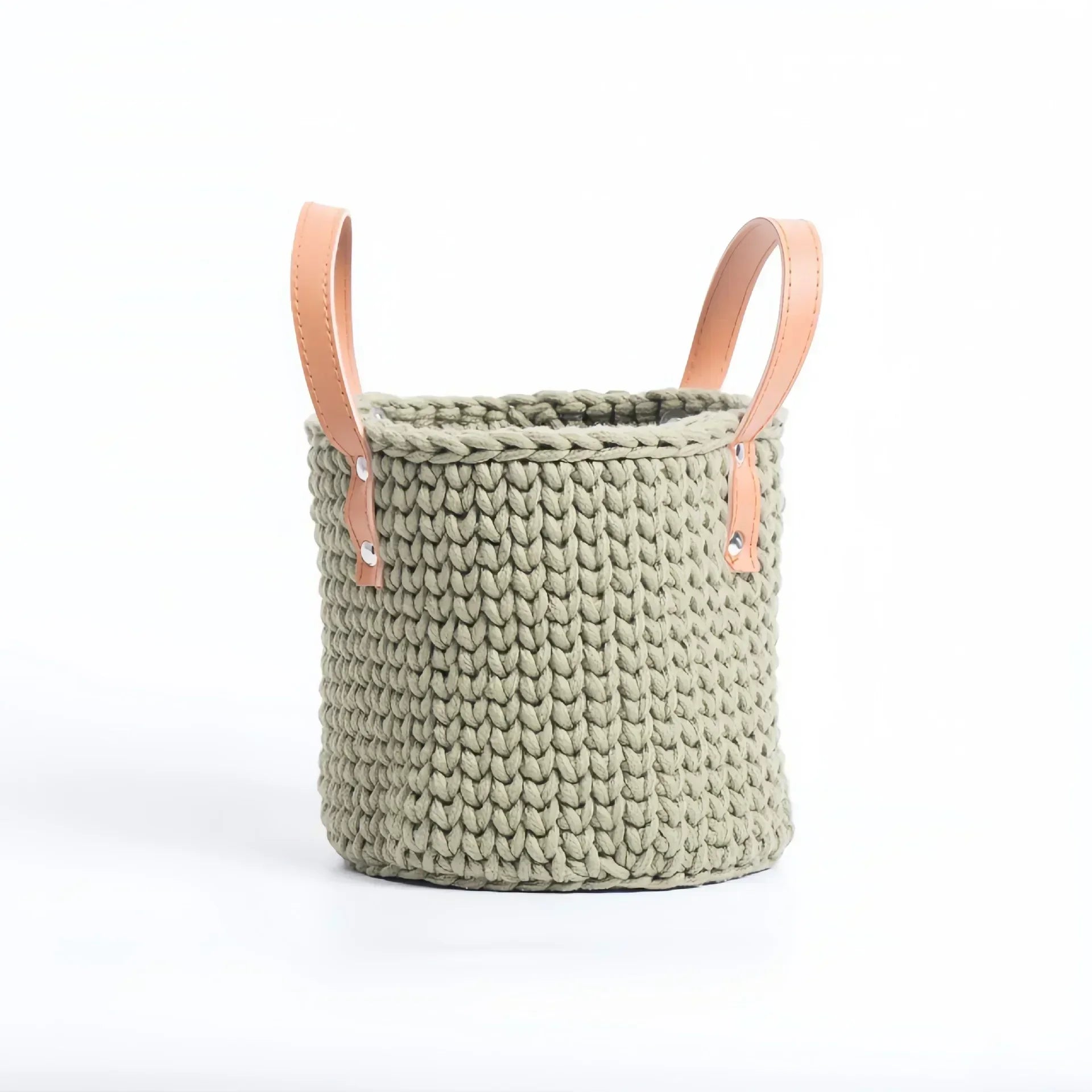 Cesta de armazenamento com alça de couro tricotada à mão, cesta de tecido de corda de algodão, cesta de armazenamento doméstico, desktop, cestas de flores criativas