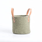 Cesta de armazenamento com alça de couro tricotada à mão, cesta de tecido de corda de algodão, cesta de armazenamento doméstico, desktop, cestas de flores criativas