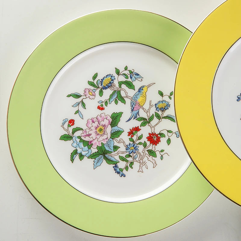 Prato Decorativo de Porcelana Europeia com Flores e Pássaros para Salada e Refeições
