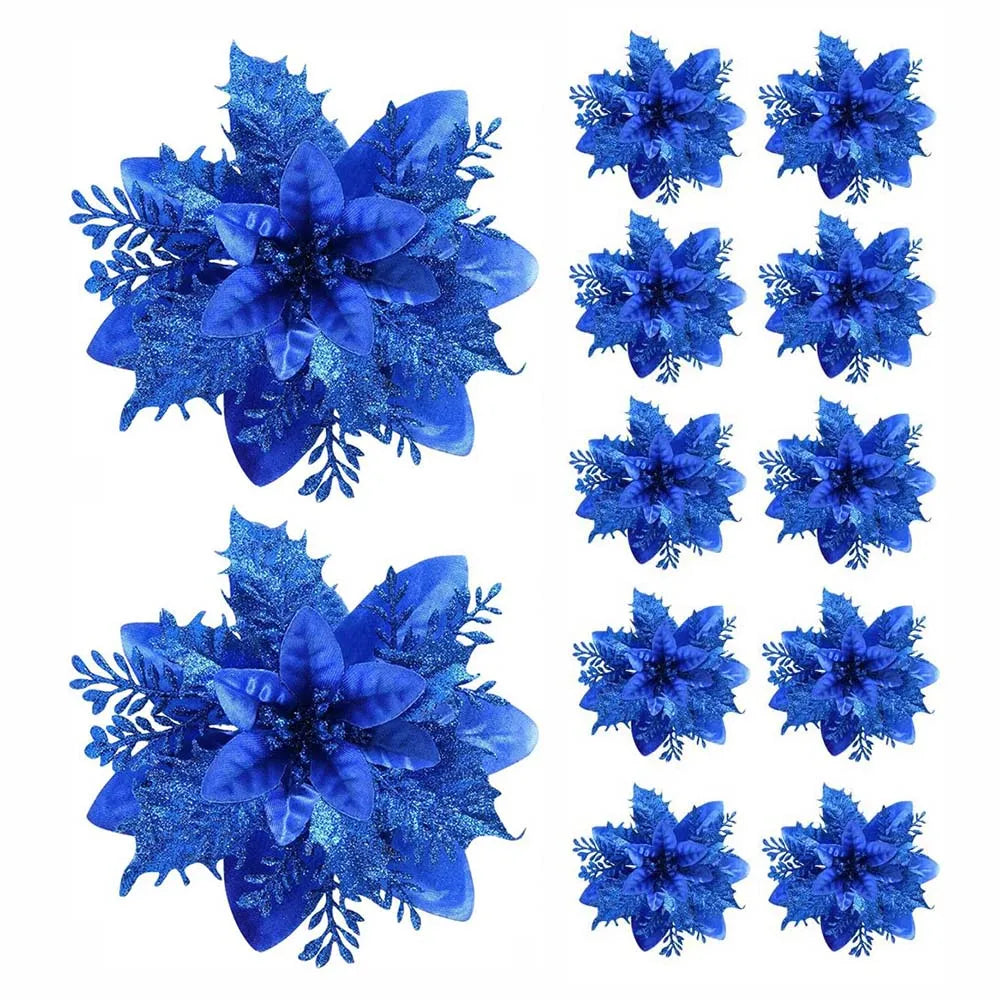 5/10 pçs 14.5cm ornamentos de flores de natal, rosa, vermelho, ouro, glitter flores artificiais para árvore de natal, decoração de natal para casa