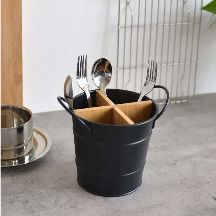 Organizador de Talheres em Aço Inox e Bambu