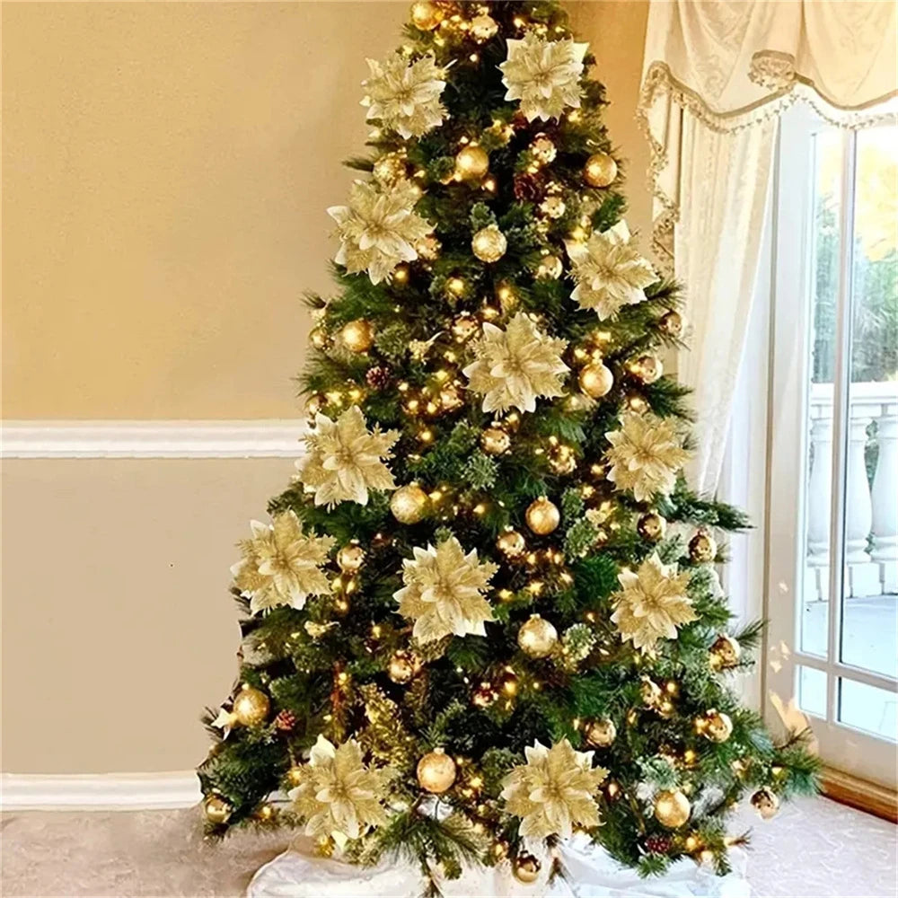 5/10 pçs 14.5cm ornamentos de flores de natal, rosa, vermelho, ouro, glitter flores artificiais para árvore de natal, decoração de natal para casa