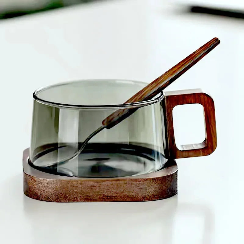 Kit Caneca de Vidro e Madeira 200ml - 3pcs