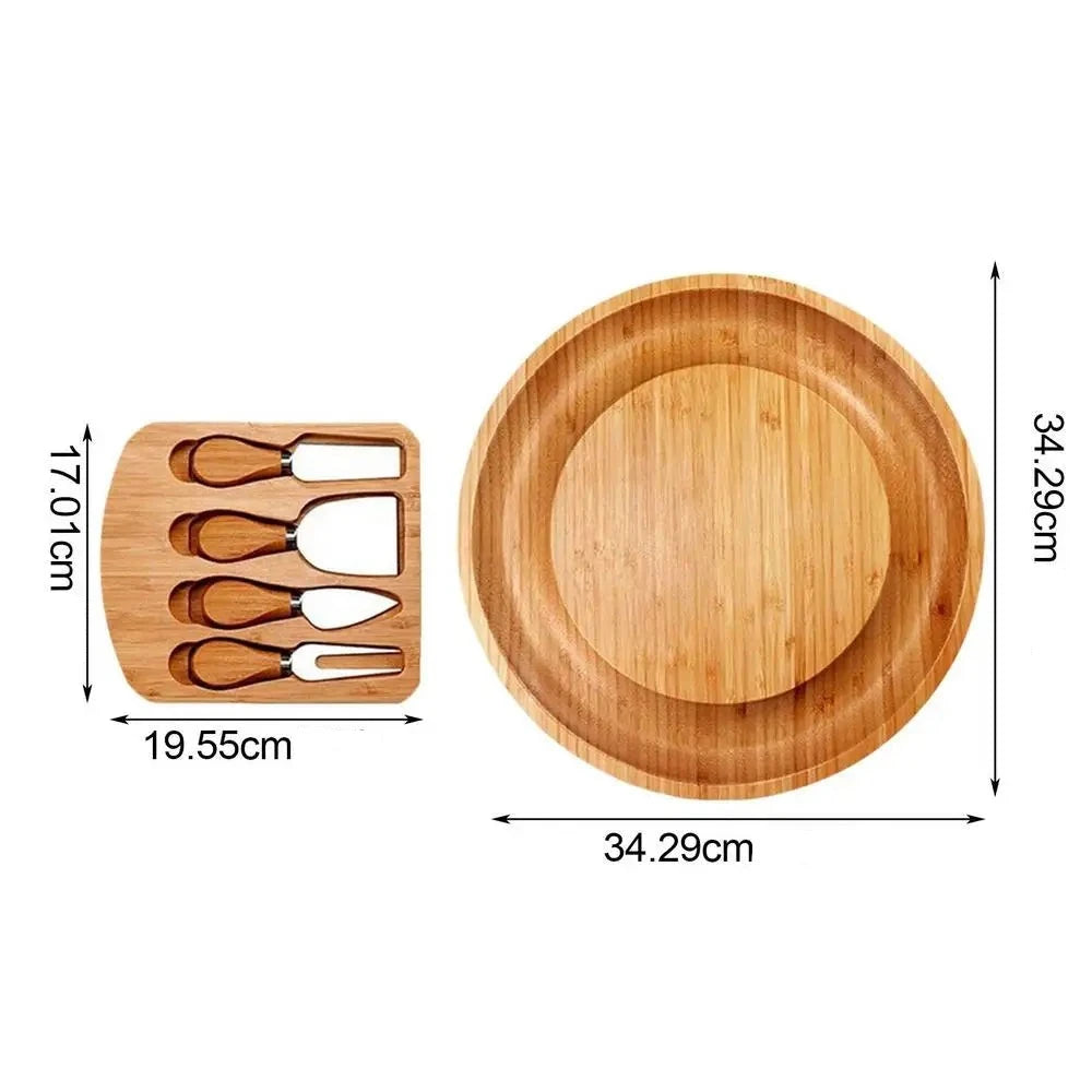 Bandeja para Frios com 4 Utensílios em Madeira Bambu