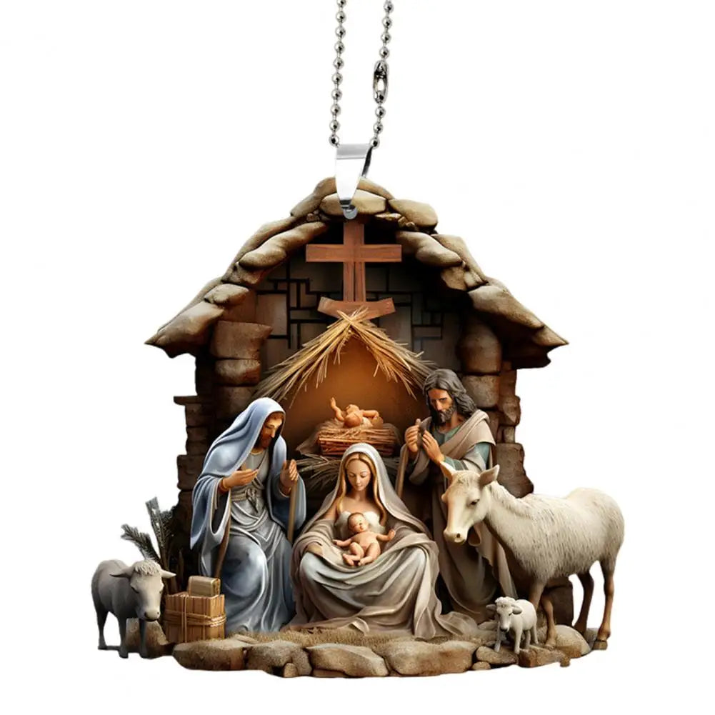 Pingente de natal ornamento jesus família cena de oração pingente brilhante colorido símbolo religioso natividade pingente para casa carro