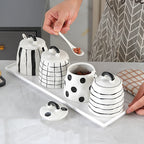 Kit Porta Temperos em Cerâmica Europeia Listrado Preto e Branco