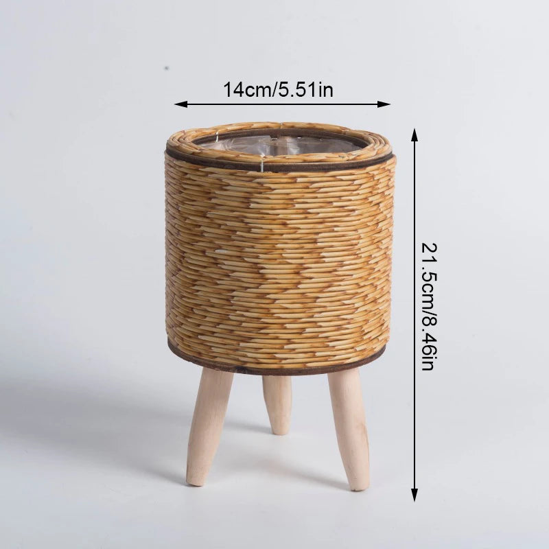 Boho Plant Stand Basket com pernas removíveis, Prateleira de flores, Plantador tecido, Imitação Rattan, Plantas Suculentas