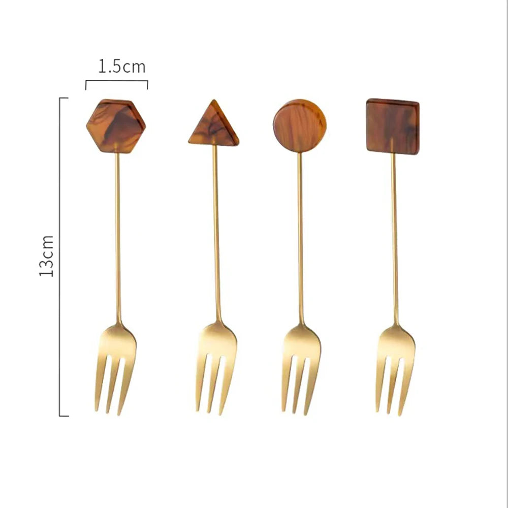Conjunto de garfo de colher pequena de aço inoxidável, acrílico banhado a ouro, colheres geométricas, INS, café, agitação para chá, doméstico, 4pcs