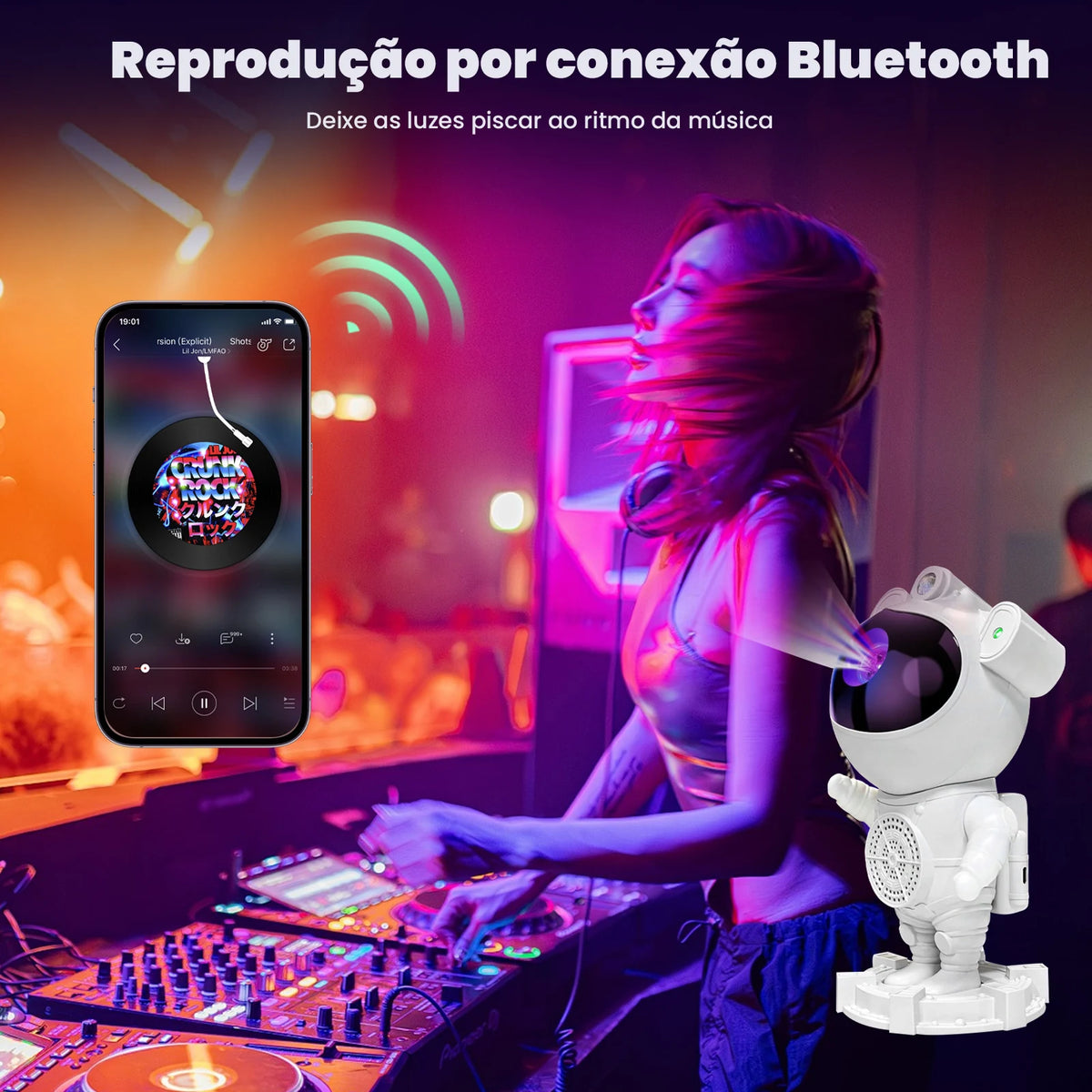 Luminária Projetor Astronauta Galáxia LED com Bluetooth e Controle Remoto