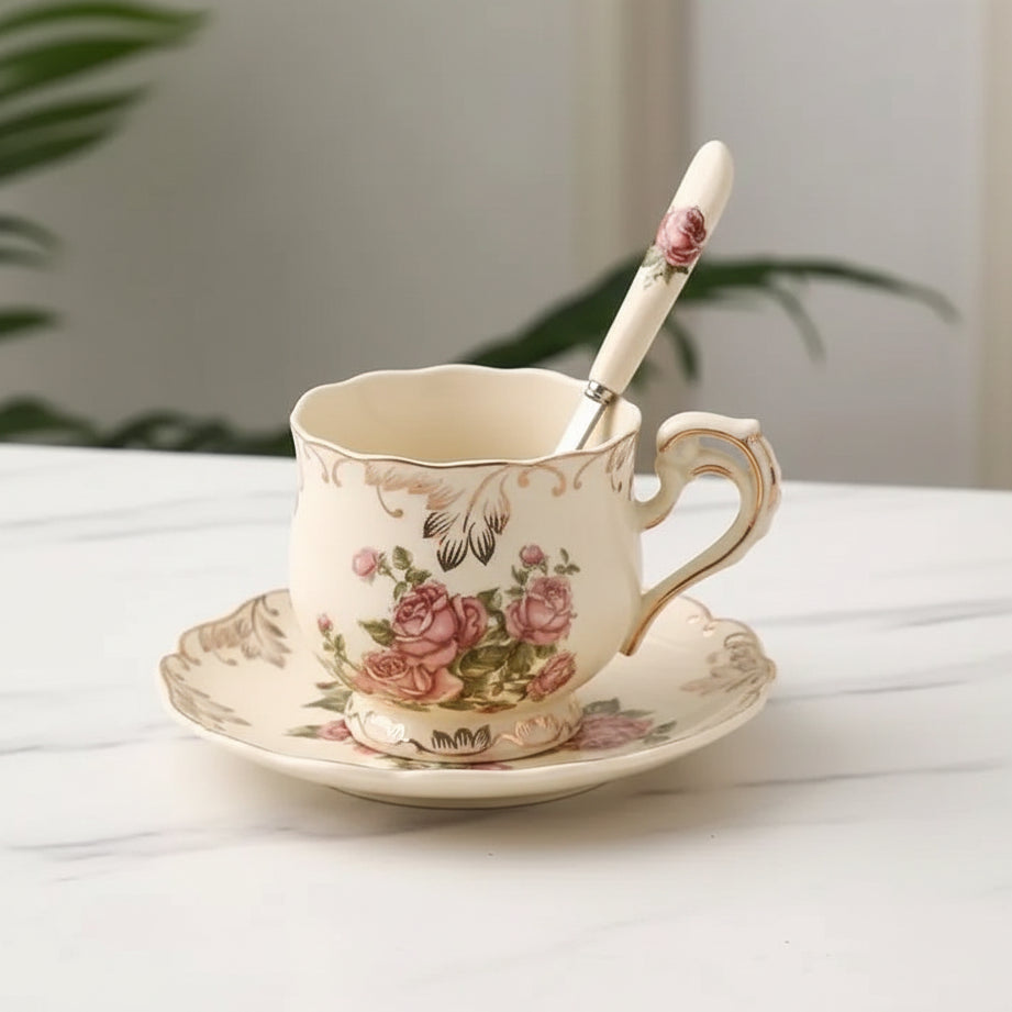 Conjunto de Xícara de Chá em Porcelana com Pires Floral e Colher - 250ml