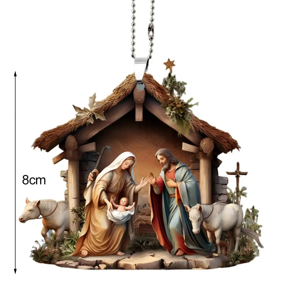 Pingente de natal ornamento jesus família cena de oração pingente brilhante colorido símbolo religioso natividade pingente para casa carro