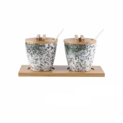 Conjunto de Potes de Cerâmica para Temperos com Tampa de Bambu