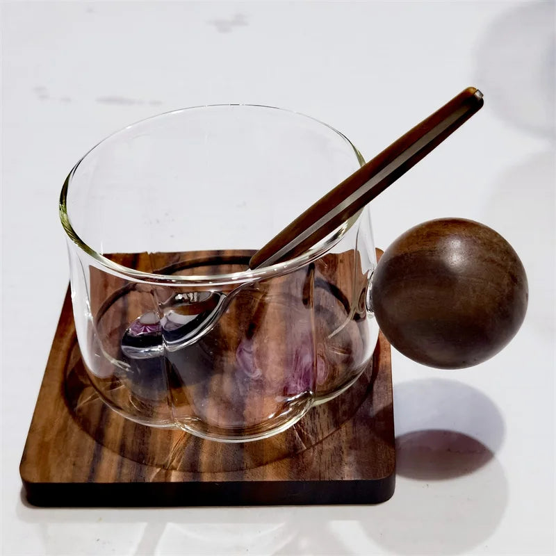 Caneca com Alça + Pires e Colher de Madeira - 200ml