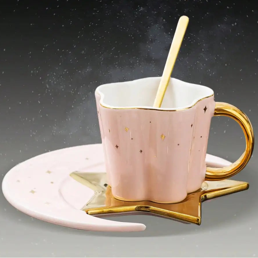 Caneca de Cerâmica Estrela e Lua com Prato e Colher