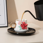 Conjunto de Xícara de Porcelana 120ml com Pires e Flor Modelada à Mão