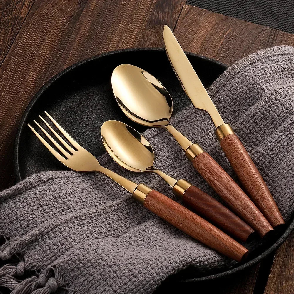 Talheres Luxo Inox & Madeira - 4 Peças