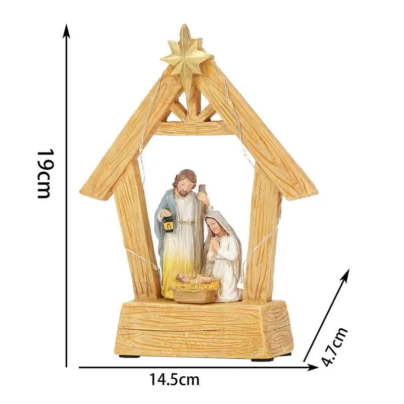 Natal presépio presépio mesa ornamento estável conjunto de natividade com luzes estátua da sagrada família manjedoura cena decoração para casa