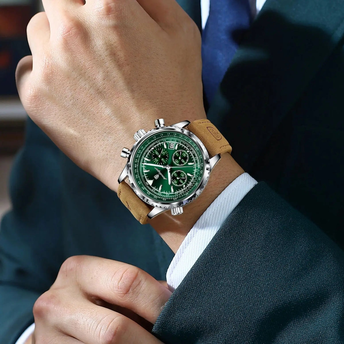 Relógio Masculino com Pulseira de Couro Cronógrafo e Data POEDAGAR