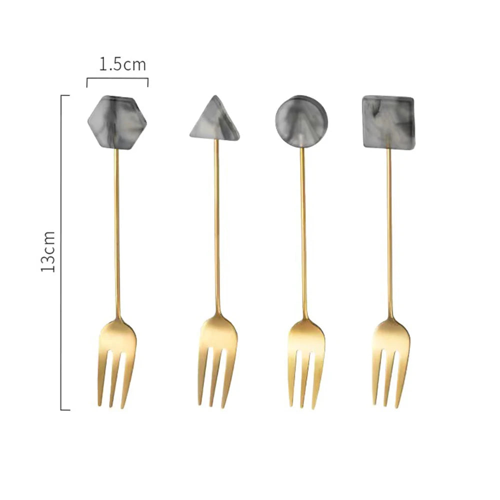 Conjunto de garfo de colher pequena de aço inoxidável, acrílico banhado a ouro, colheres geométricas, INS, café, agitação para chá, doméstico, 4pcs