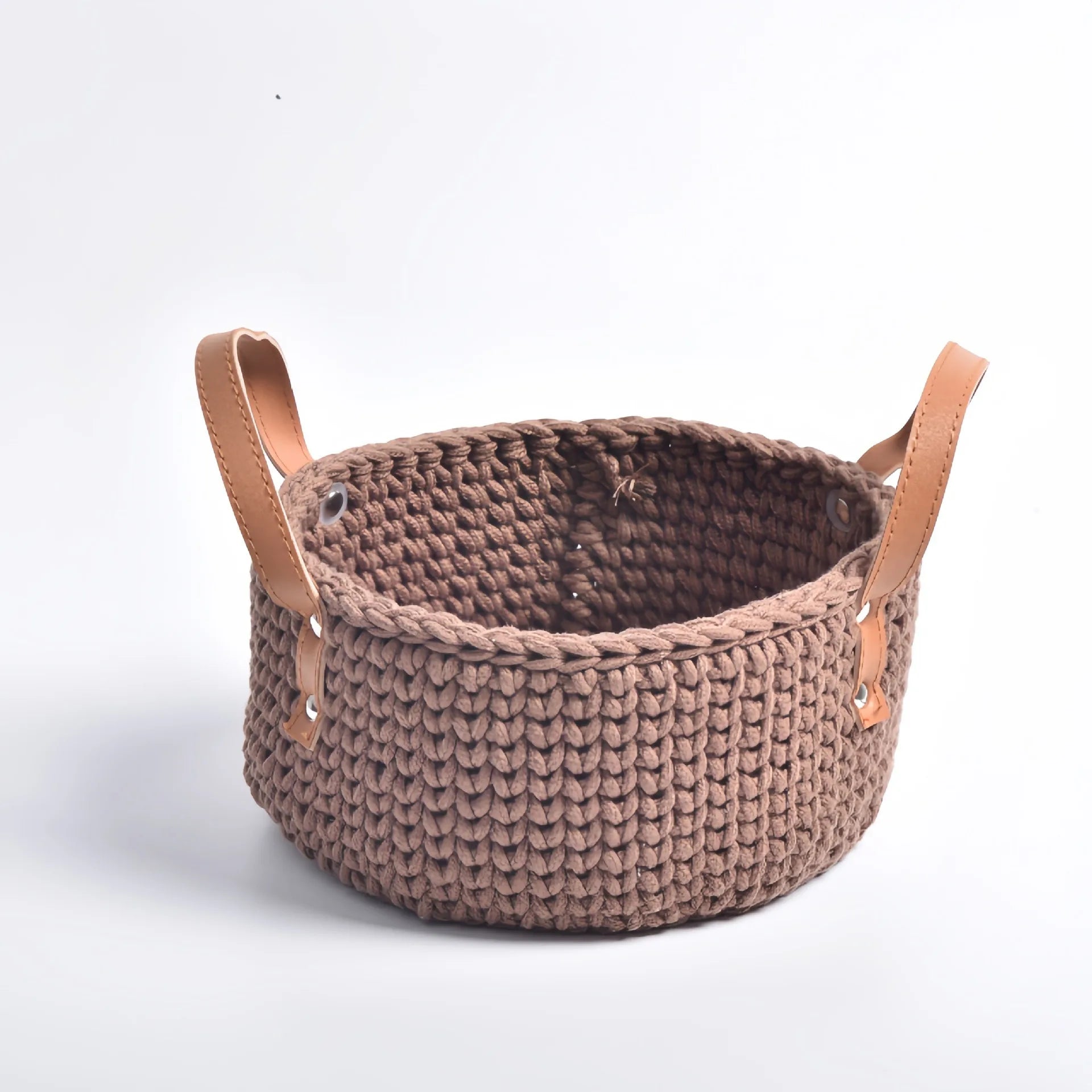 Cesta de armazenamento com alça de couro tricotada à mão, cesta de tecido de corda de algodão, cesta de armazenamento doméstico, desktop, cestas de flores criativas