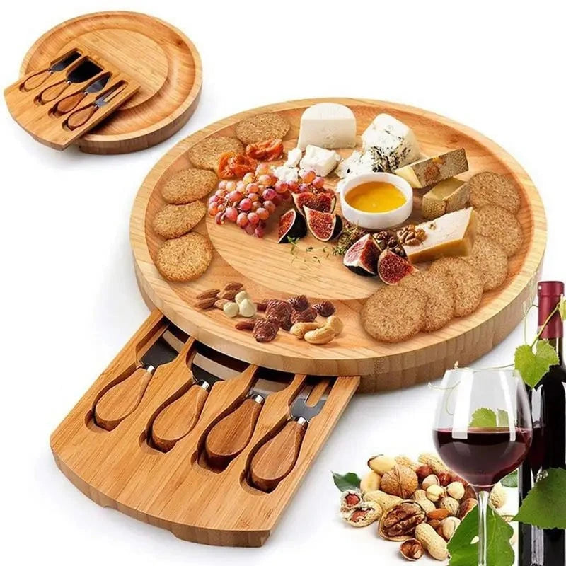 Bandeja para Frios com 4 Utensílios em Madeira Bambu