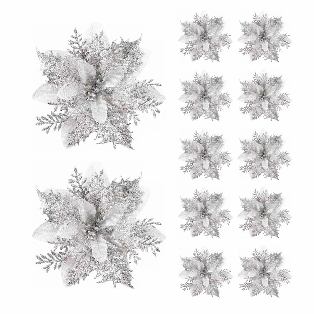 5/10 pçs 14.5cm ornamentos de flores de natal, rosa, vermelho, ouro, glitter flores artificiais para árvore de natal, decoração de natal para casa
