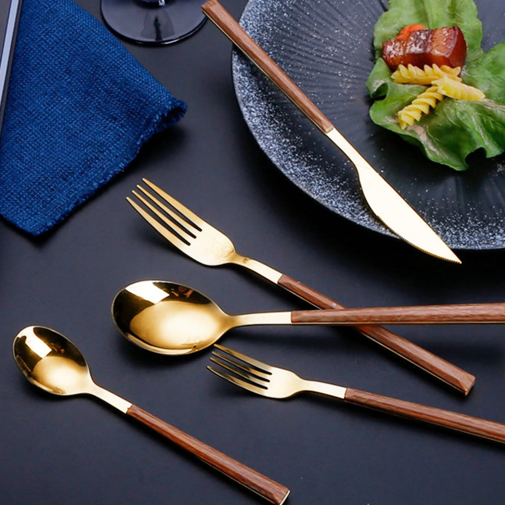 Faqueiro Luxo em Aço Inoxidável Dourado e Prata com Cabo de Madeira 5 ou 10Pcs