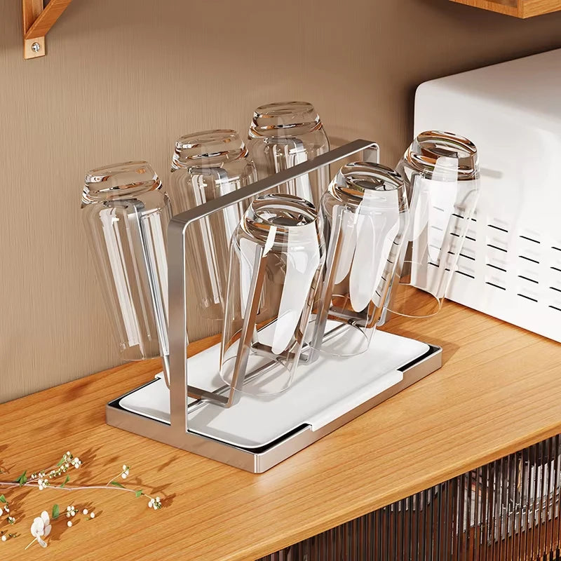 Rack de drenagem de copos com 6 espaços, material de aço inoxidável, suporte de copo, copo de vidro, rack de armazenamento, barra de cozinha, organizador de copos de mesa