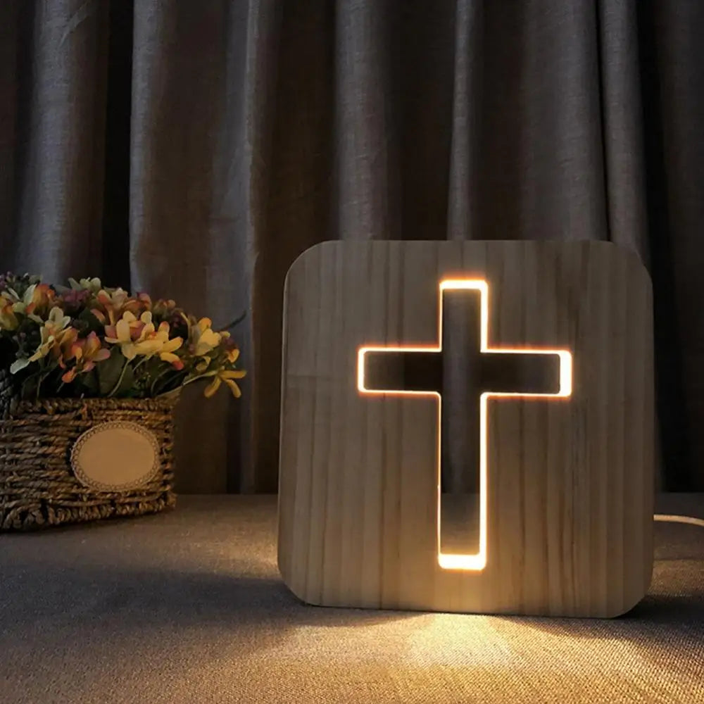 3d cruz de madeira usb led night light candeeiro mesa decoração para casa madeira led night light cruz atmosfera luz decoração natal presente