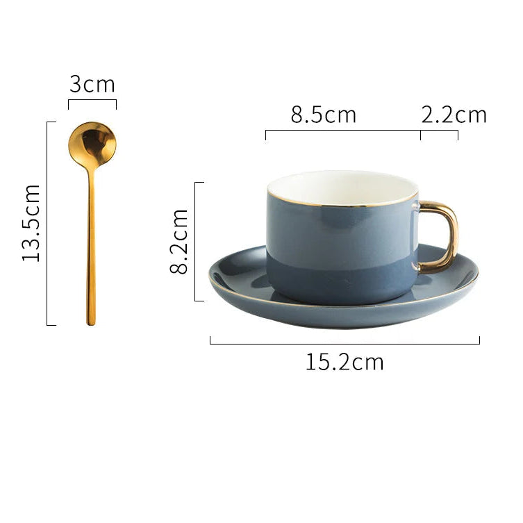 Jogo de Xícara de Café com Pires e Colher em Cerâmica com Acabamento Dourado