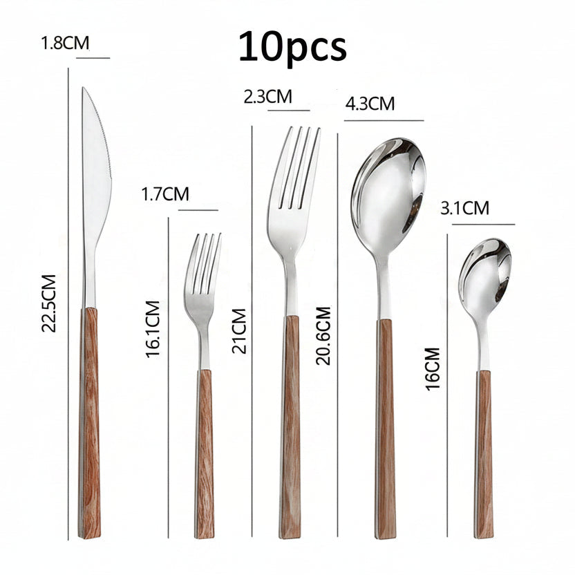 Faqueiro Luxo em Aço Inoxidável Dourado e Prata com Cabo de Madeira 5 ou 10Pcs