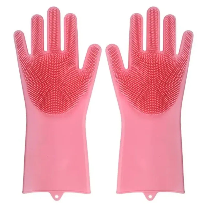 Luvas de Silicone para Limpeza e Lavagem de Louças com Esponja Esfregadora