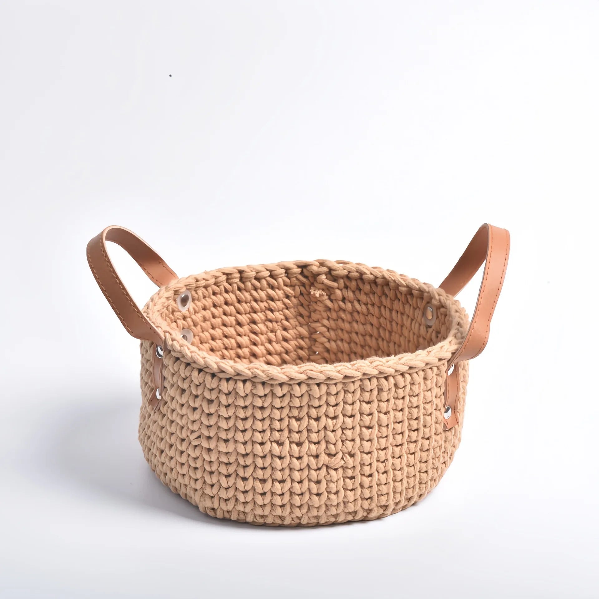 Cesta de armazenamento com alça de couro tricotada à mão, cesta de tecido de corda de algodão, cesta de armazenamento doméstico, desktop, cestas de flores criativas