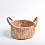Cesta de armazenamento com alça de couro tricotada à mão, cesta de tecido de corda de algodão, cesta de armazenamento doméstico, desktop, cestas de flores criativas