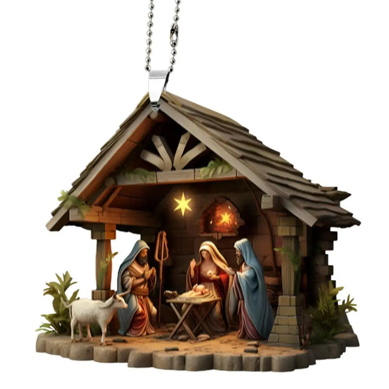 Pingente de natal ornamento jesus família cena de oração pingente brilhante colorido símbolo religioso natividade pingente para casa carro