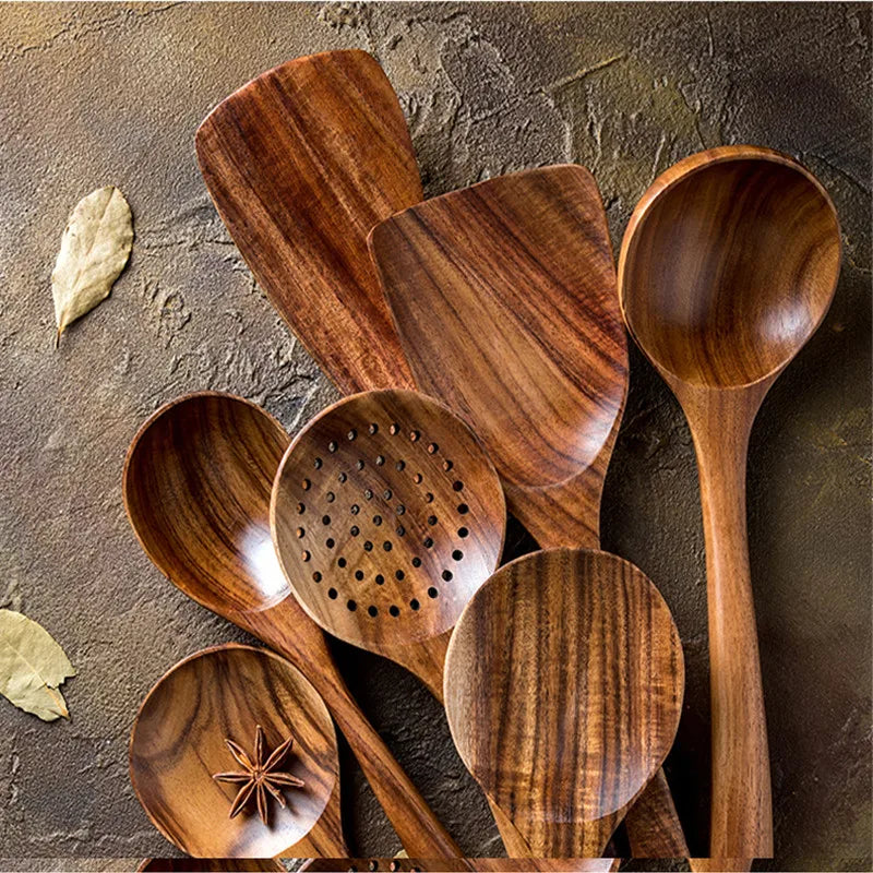 Colher De Cozinha De Teca De Madeira Natural, Ferramenta De Louça De Cozinha, Concha, Turner, Colander De Arroz, Skimmer De Sopa, Utensílios De Colher, Tailândia, 7Pcs