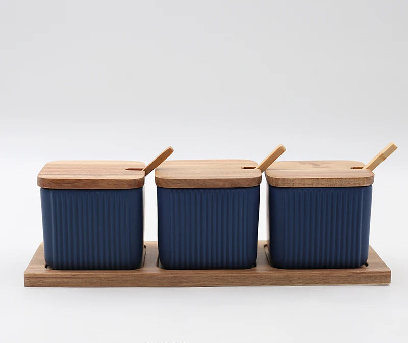 Conjunto Potes de Cerâmica e Madeira para Temperos - 2 ou 3pcs