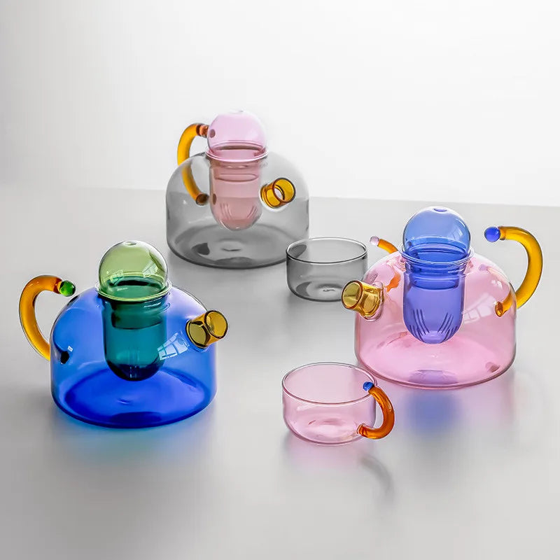 Linha Criativa Bules e Xícaras Multicor de Vidro Com Infusor de Chá