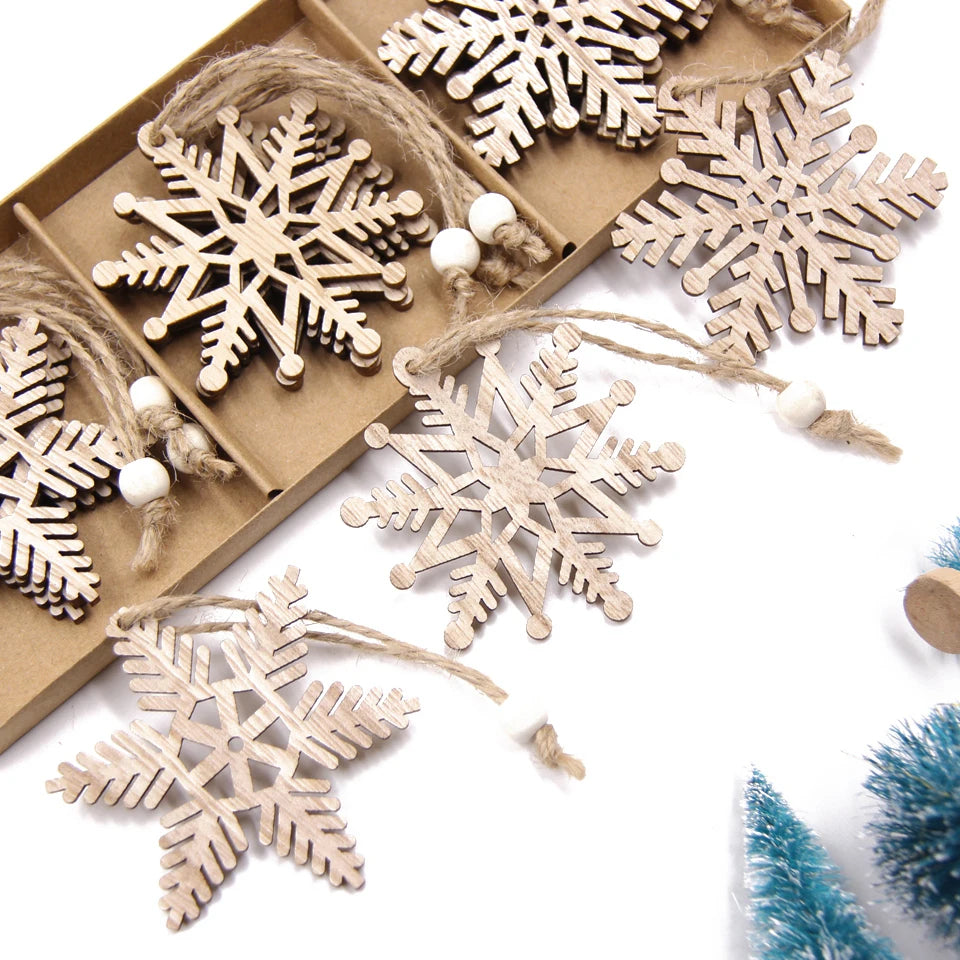 Vintage Hollow Snowflake Pingentes de madeira, Xmas Hanging Ornamentos para Noel Tree Decorações, DIY Pintura Presentes, 12Pcs por Caixa