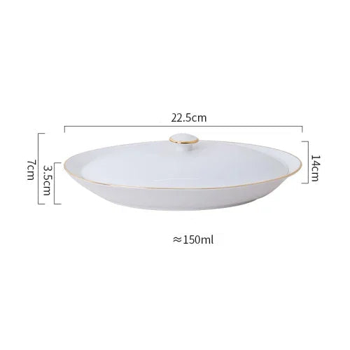 Travessa Oval de Cerâmica Luxo com Tampa e Acabamento Dourado Elegante