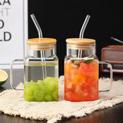 Copo com Alça Vidro + Canudo e Tampa Madeira